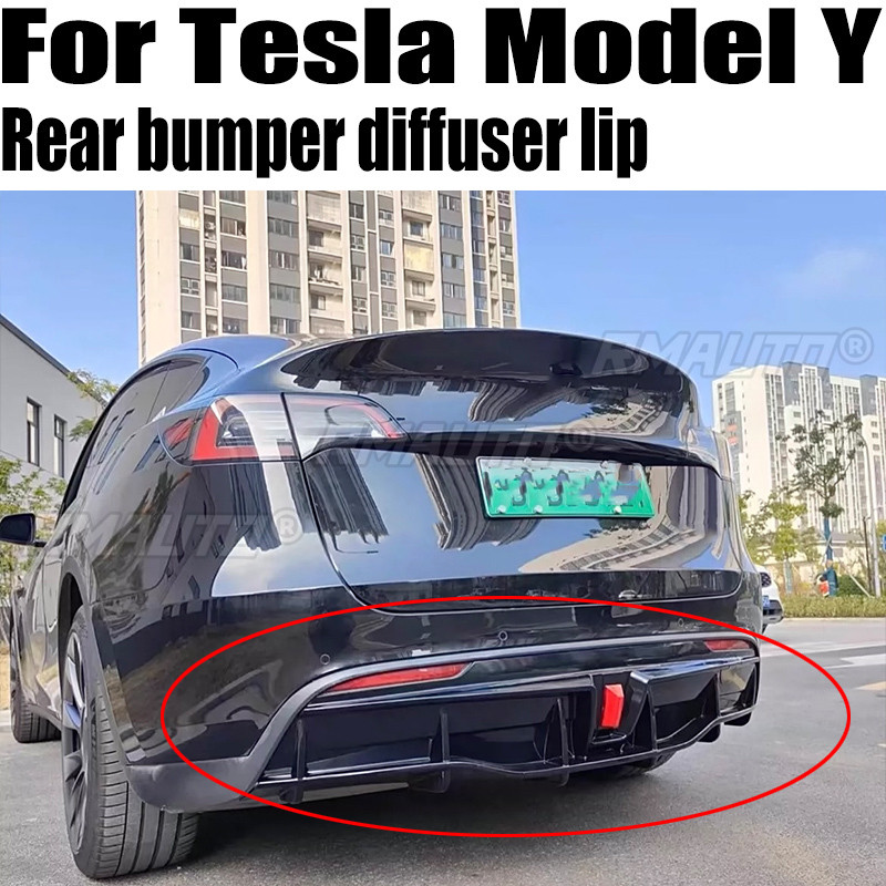 For Tesla Model Y 2018-2022 4-Door Rear Bumper Diffuser Lip ABS Carbon ...