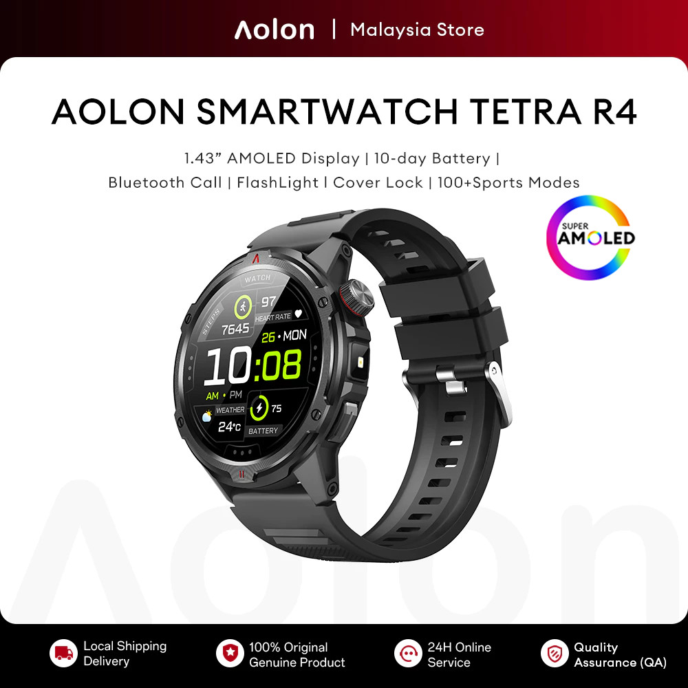 Aolon Tetra R4 Smart Watch 46mm AMOLED Screen DIY Watch Face Bluetooth Call WA Read 100+ Sports Mode Strava Smartwatch