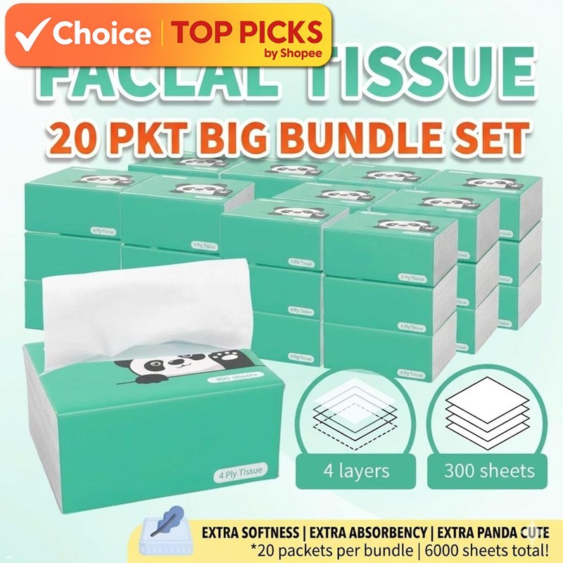 20pkt Set Green Panda Bamboo Facial Tissue Premium Tissue, 20Pkt x 300 ...