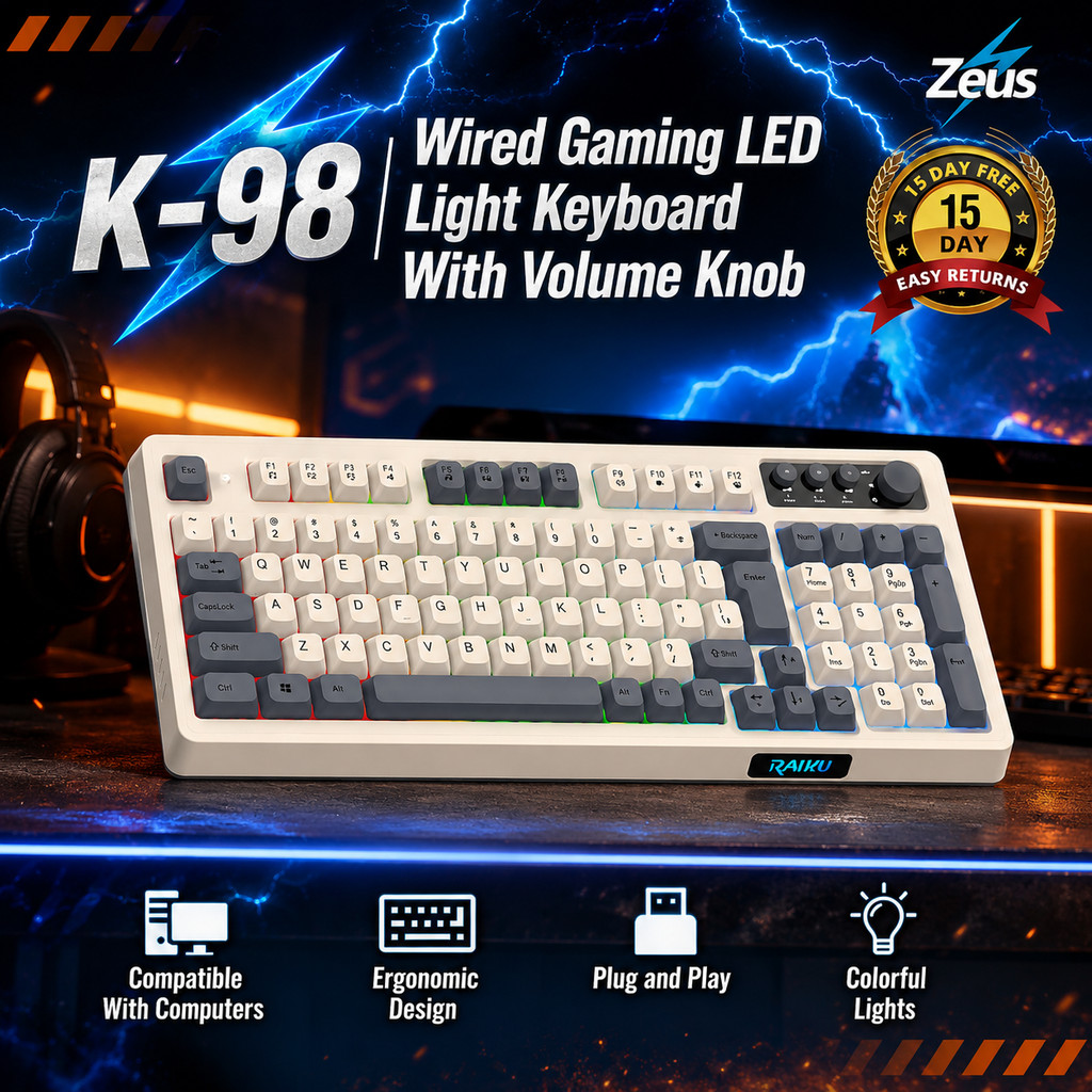 Zeus K-98 Wired Gaming Keyboard With Volume Knob RGB LED Light