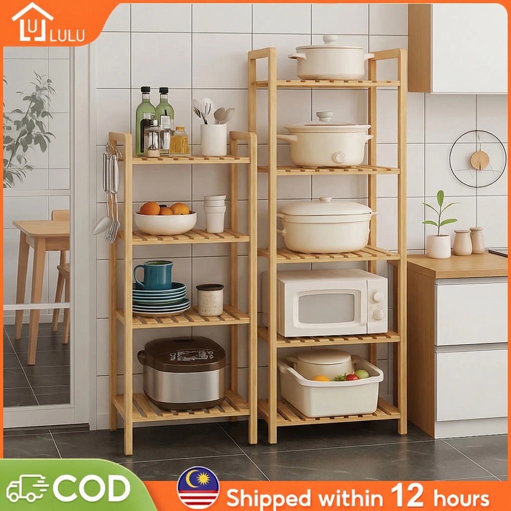 LULU Storage Rack Rak Dapur 3/4/5Layers Bamboo Kitchen Rack Microwave ...