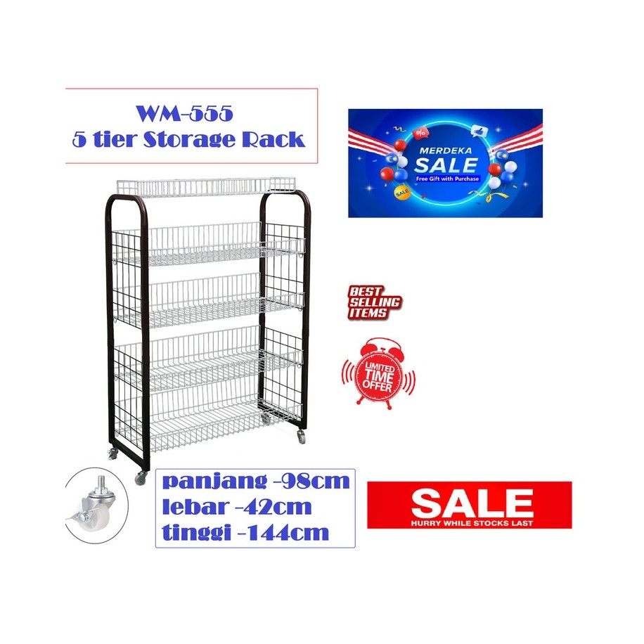 Wm-555~~5 Tiers Heavy duty Display Rack with roller / Storage Rak with ...