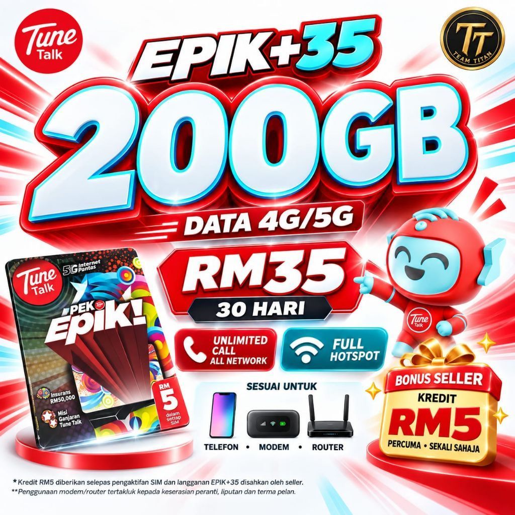 [With Free Gift] TuneTalk Epik+35 200GB Full Hotspot (Sim Only, Sim ...