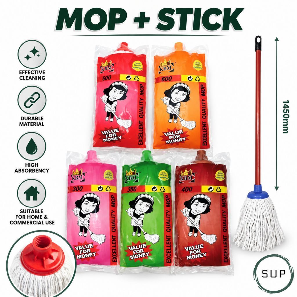 KBM White Cotton Mop With Handle / Mop Lantai / Mop Head / Wooden ...