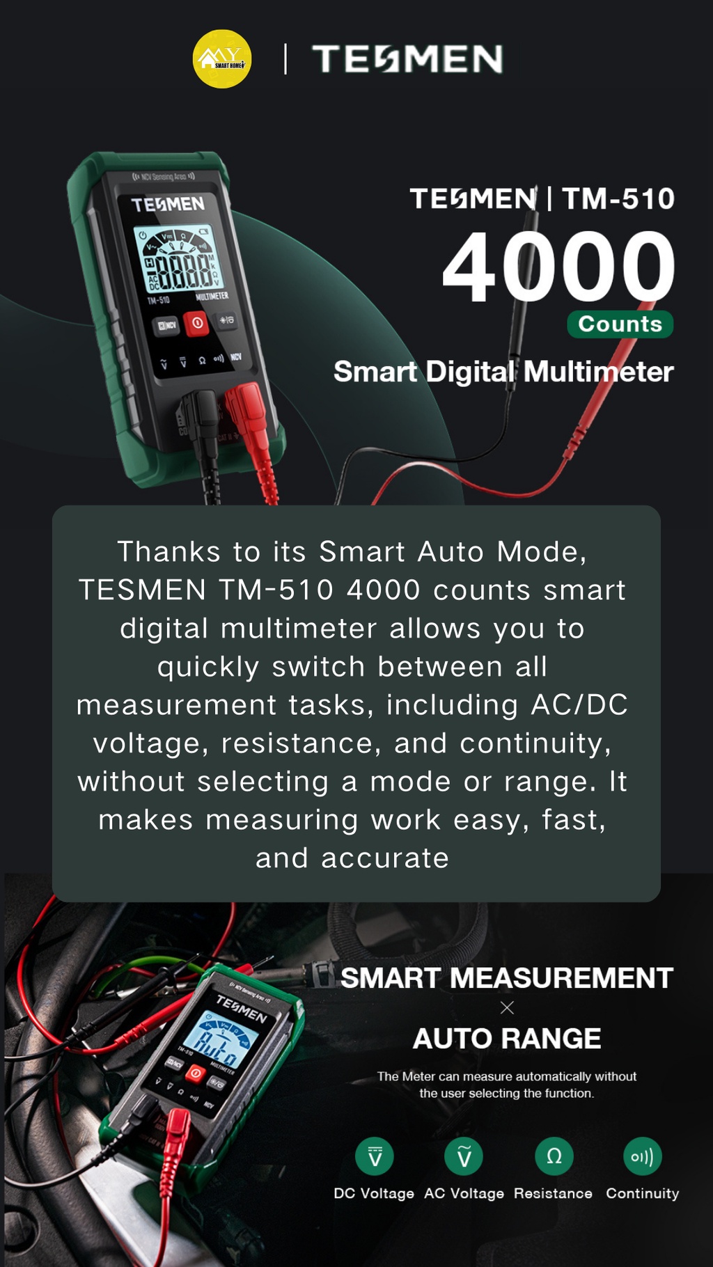 【TESMEN TM-510】Smart Digital Multimeter Auto Range 4000 Counts AC/DC ...