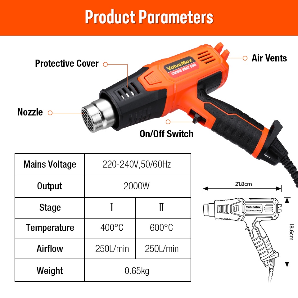 ValueMax 2000W Hot Air Gun Heat Gun Blower Shrink Gun Dual Temperature ...