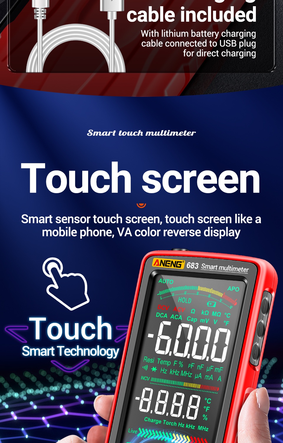 Multimetro Ricaricabile NCV Multimetro Digitale Irfora 683 - Touch Screen 6000 Counts Con Torcia Multimetro Ncv Torcia