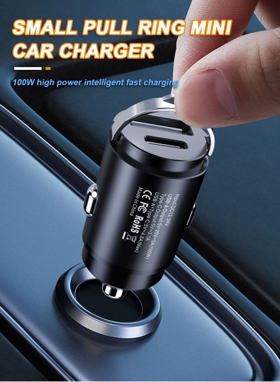 SEAMETAL 100W Car Charger USB Type-C Dual Port Mini Quick Charger 12 ...