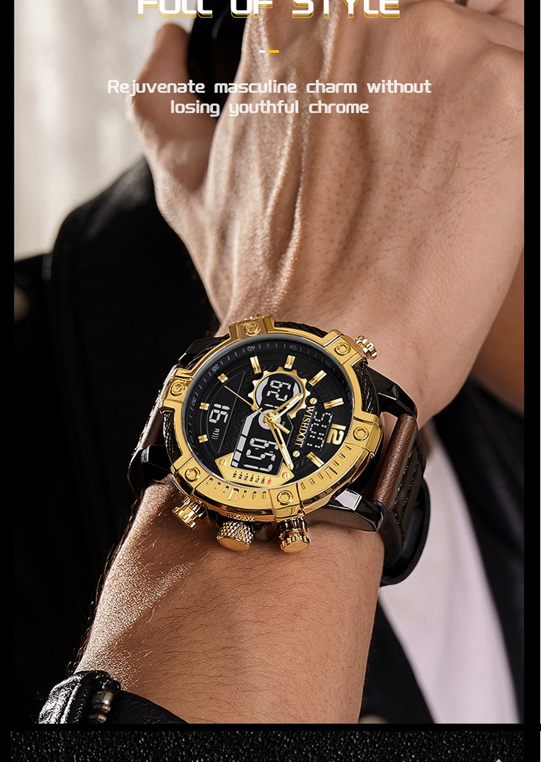 WISHDOIT men's multi-function chronograph dual display watch tough guy ...