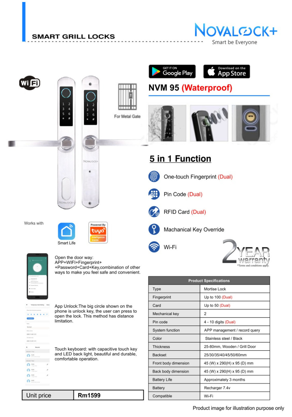 Novalock+ NVM 95 Waterproof Smart Wifi Grill Dual Fingerprint , Card ...