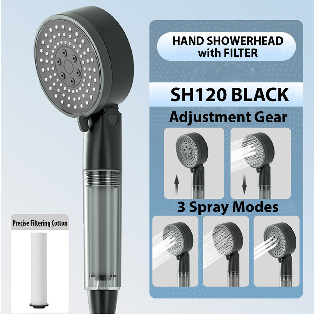 Bathroom HIgh Pressure Adjustable 3 Modes Hand Shower Head Filter Black ...