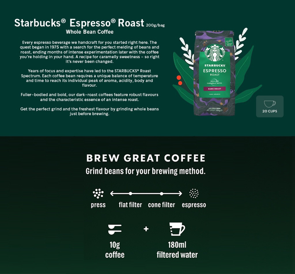 STARBUCKS Espresso Roast Dark Roast Whole Bean Coffee (200g/Bag