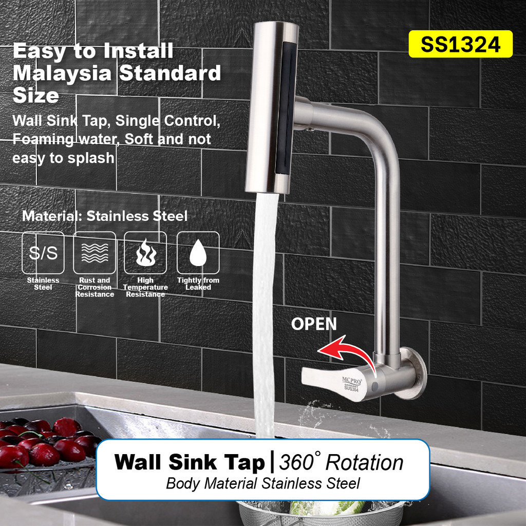 Mcpro Sus304 Stainless Steel Kitchen Faucet Wall Sink Water Tap With 4 