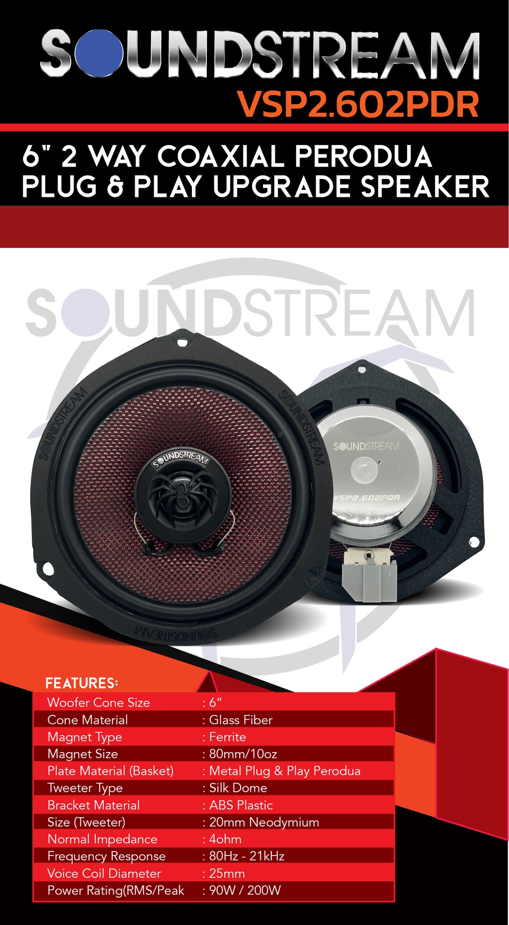 SOUNDSTREAM VSP2 Red Series 2 Way Plug & Play Coaxial Speaker for ...