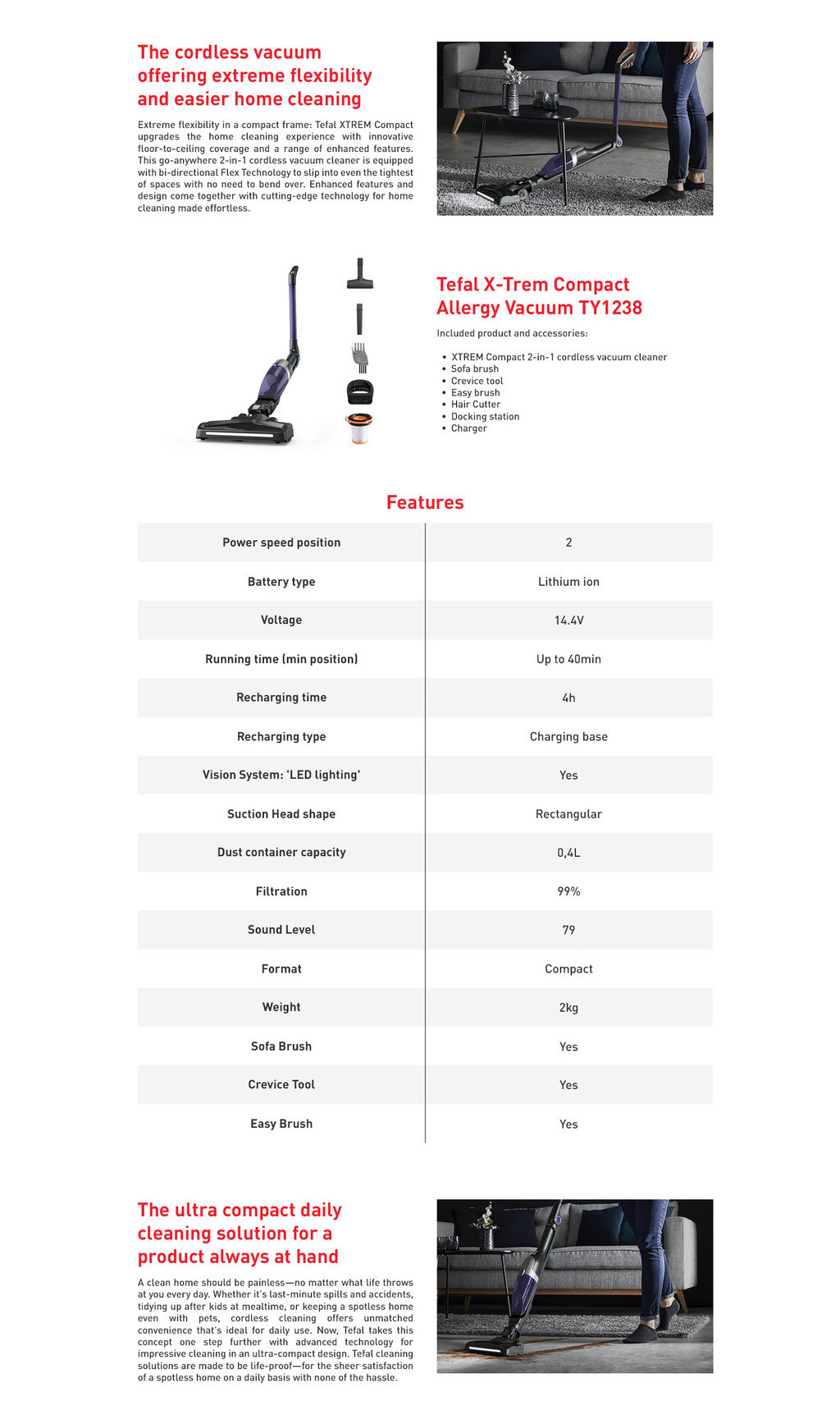 Tefal X-Trem Compact Allergy TY1238 Handstick Vacuum (25 AW suction ...