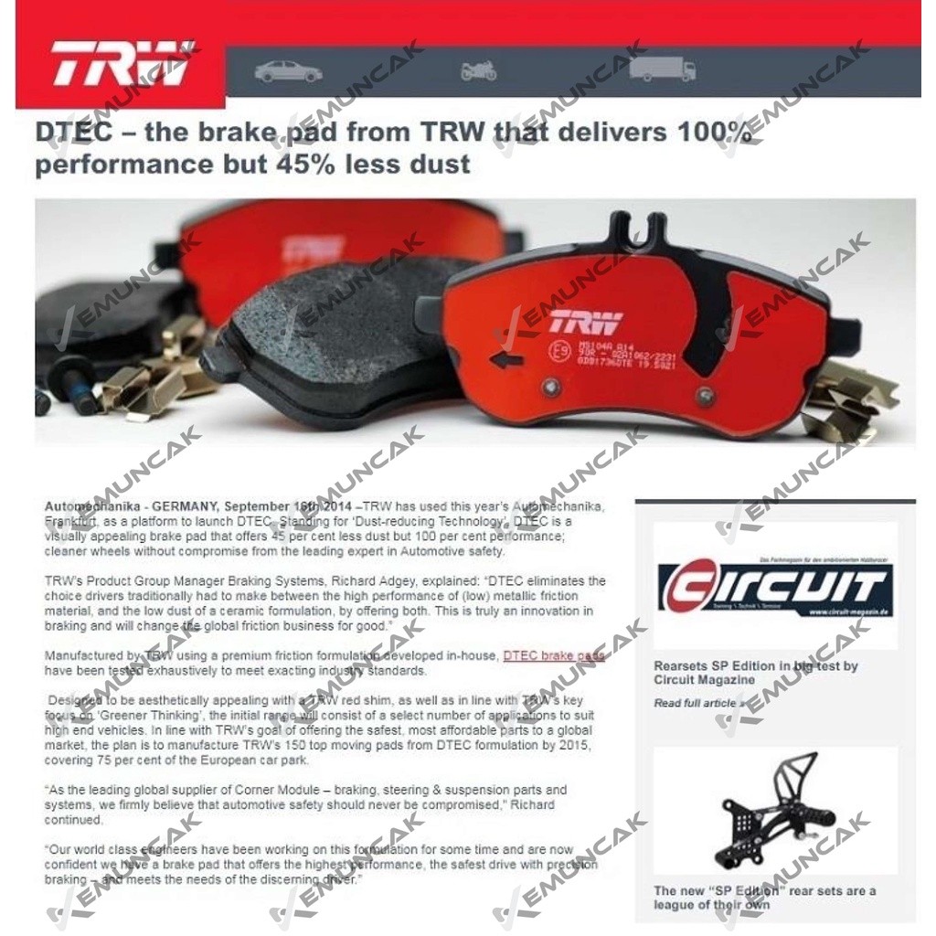 FORD RANGER T6 T7 / MAZDA BT50 | TRW DTEC Front Brake Pad Set / Rear ...