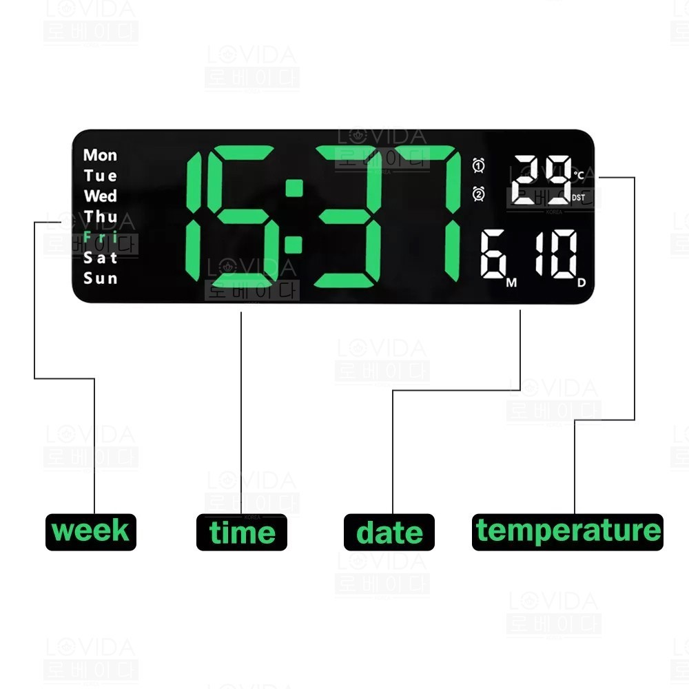 LOVIDA LED Digital Wall Clock USB Charge Large Display Date Time 12/24H ...