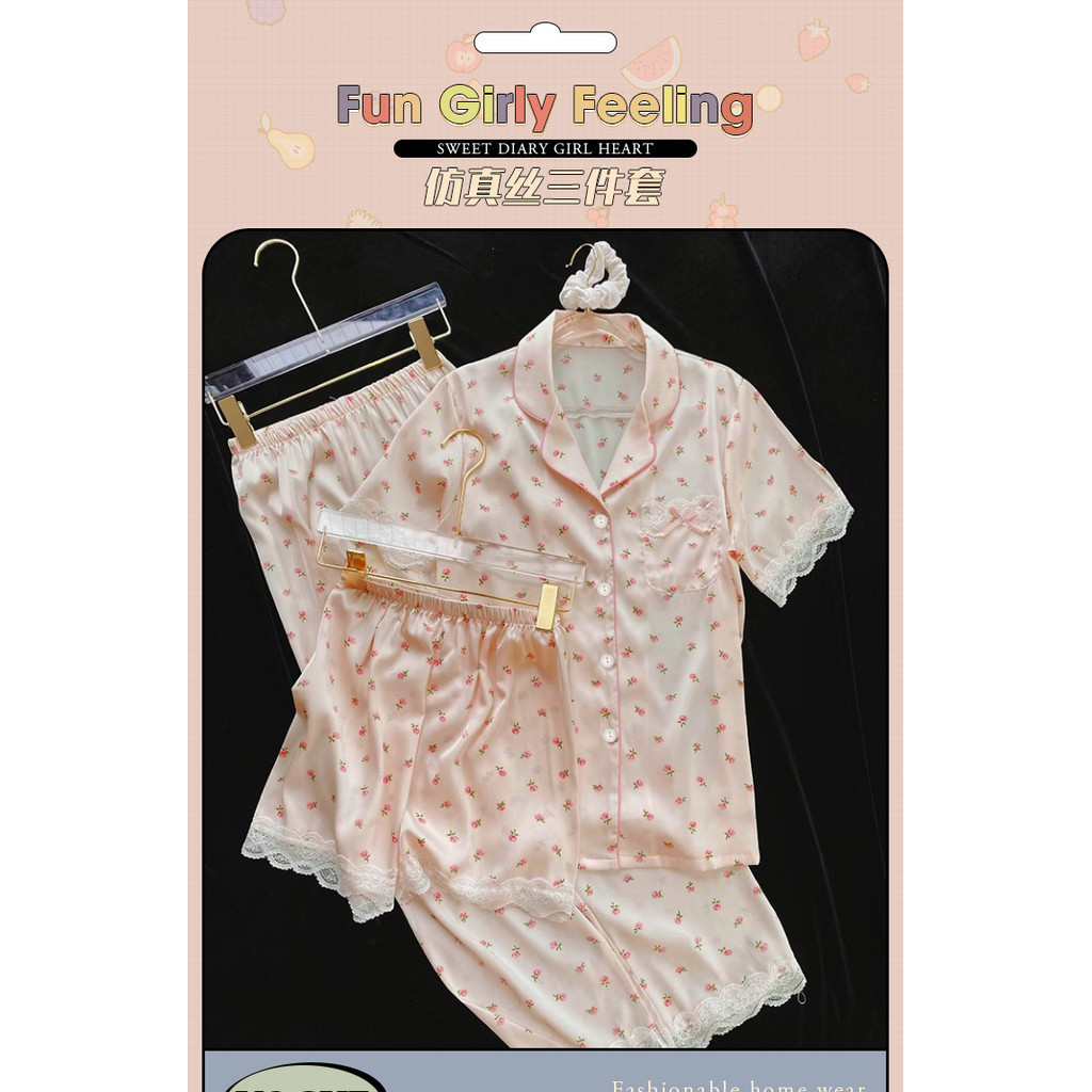 3 in 1 Set Pyjamas Women Lace Cherry Print Summer Silk Ice Silk Women's ...