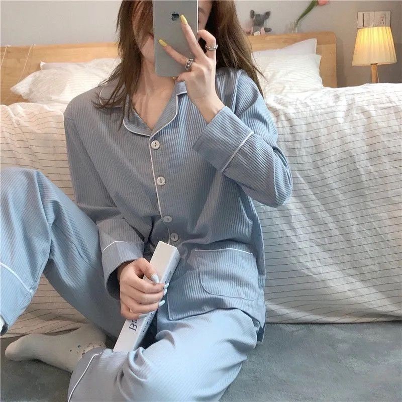 Pajamas Ladies Spring Autumn Long-Sleeved Pyjamas Set Sleepwear Simple ...