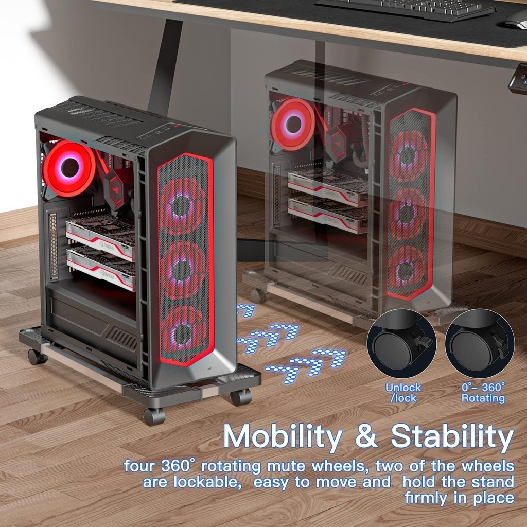 360 Rotating Computer Case Holder Adjustable CPU Stand PC Base Trolley ...