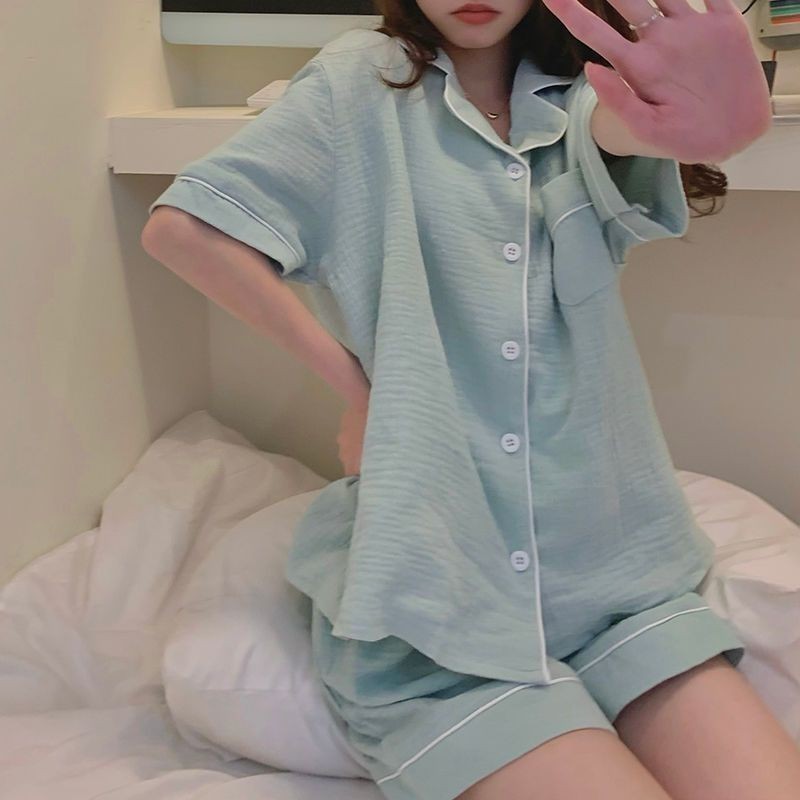 Simple Pajamas Set Women Summer Button Cardigan Cotton Pyjamas Short ...