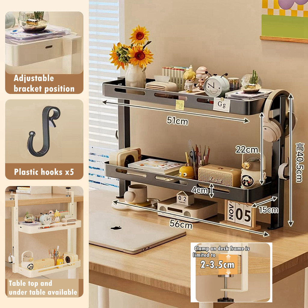 2 Layer Desktop Storage Rack Clamp-On Organizer Shelf Office Table ...