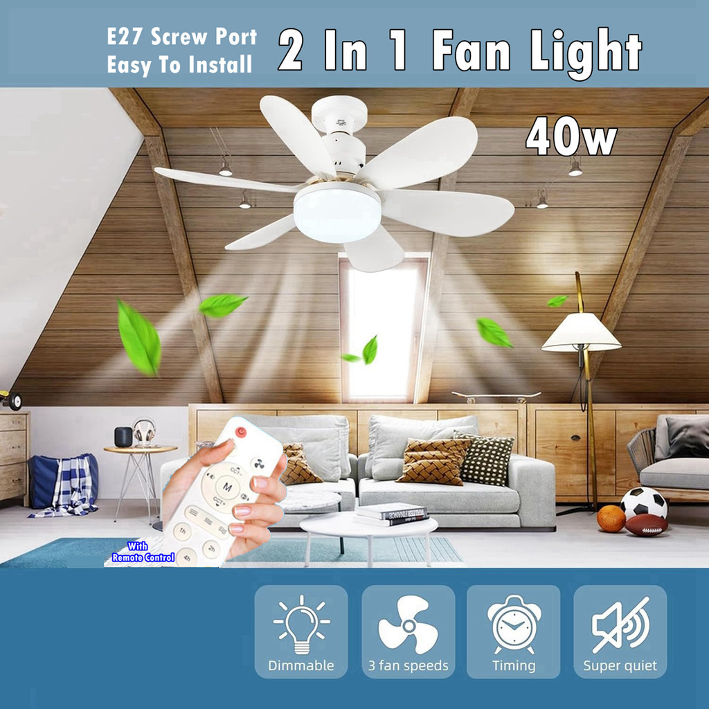 E27 Ceiling Fan Light 40W with Remote Control Led Smart Fan Light 3 ...