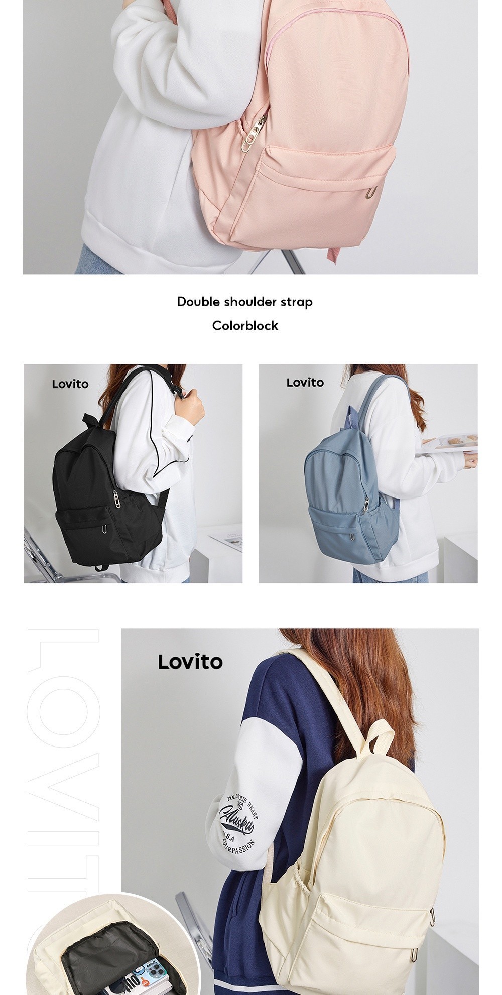 Lovito Preppy Backpack Plain Colorblock Double Shoulder Strap Multi ...