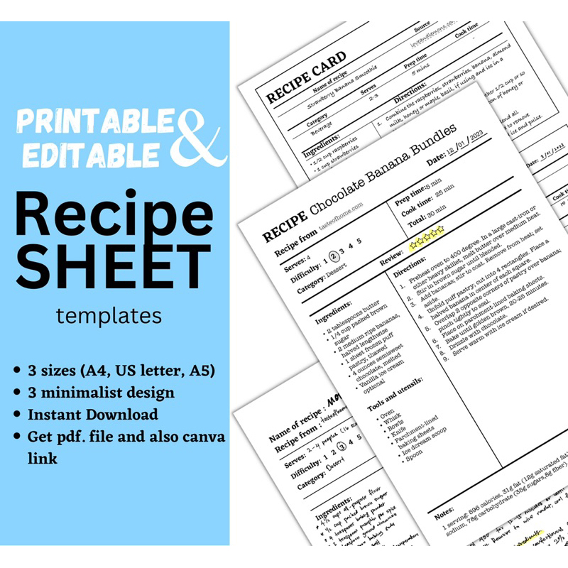 Printable dan editable template resepi masakan / Recipe Sheet Templat ...