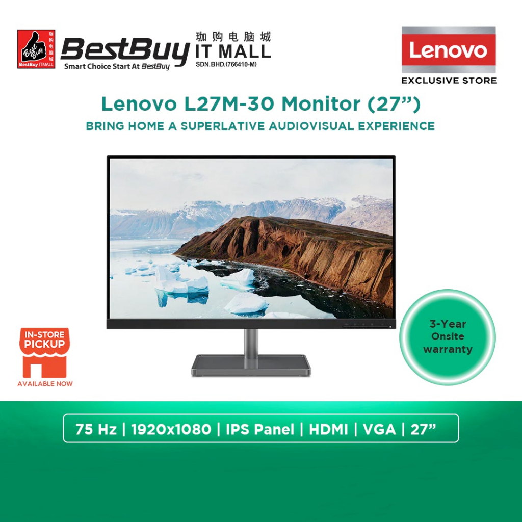 LENOVO Monitor L27M-30 ( 27 Inch IPS, 1920x1080@75HZ FHD, 250NITS, 4MS(GTG), HDMI, VGA, TYPEC(PD 75W), 3Y )