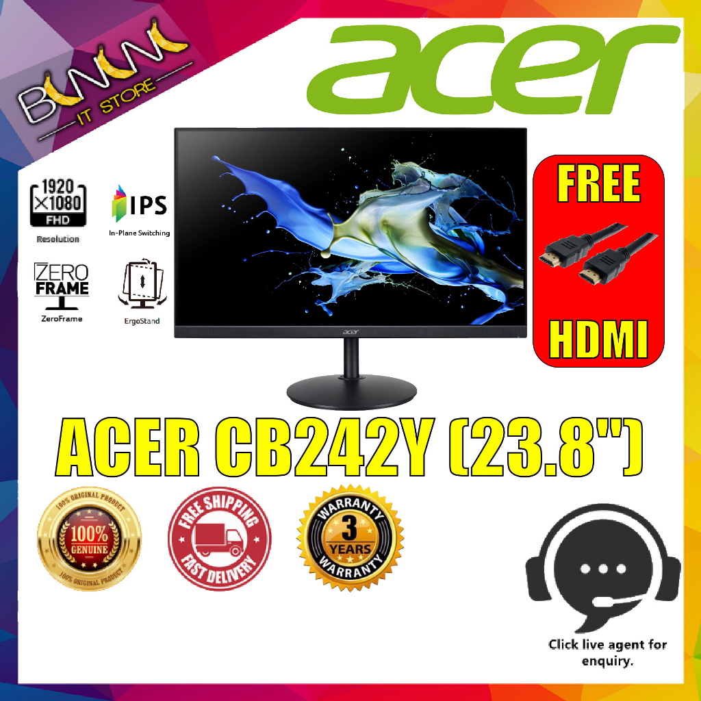Acer CB242Y 23.8" FHD 75Hz Widescreen Monitor ( DP, HDMI, VGA, 3 Yrs ...