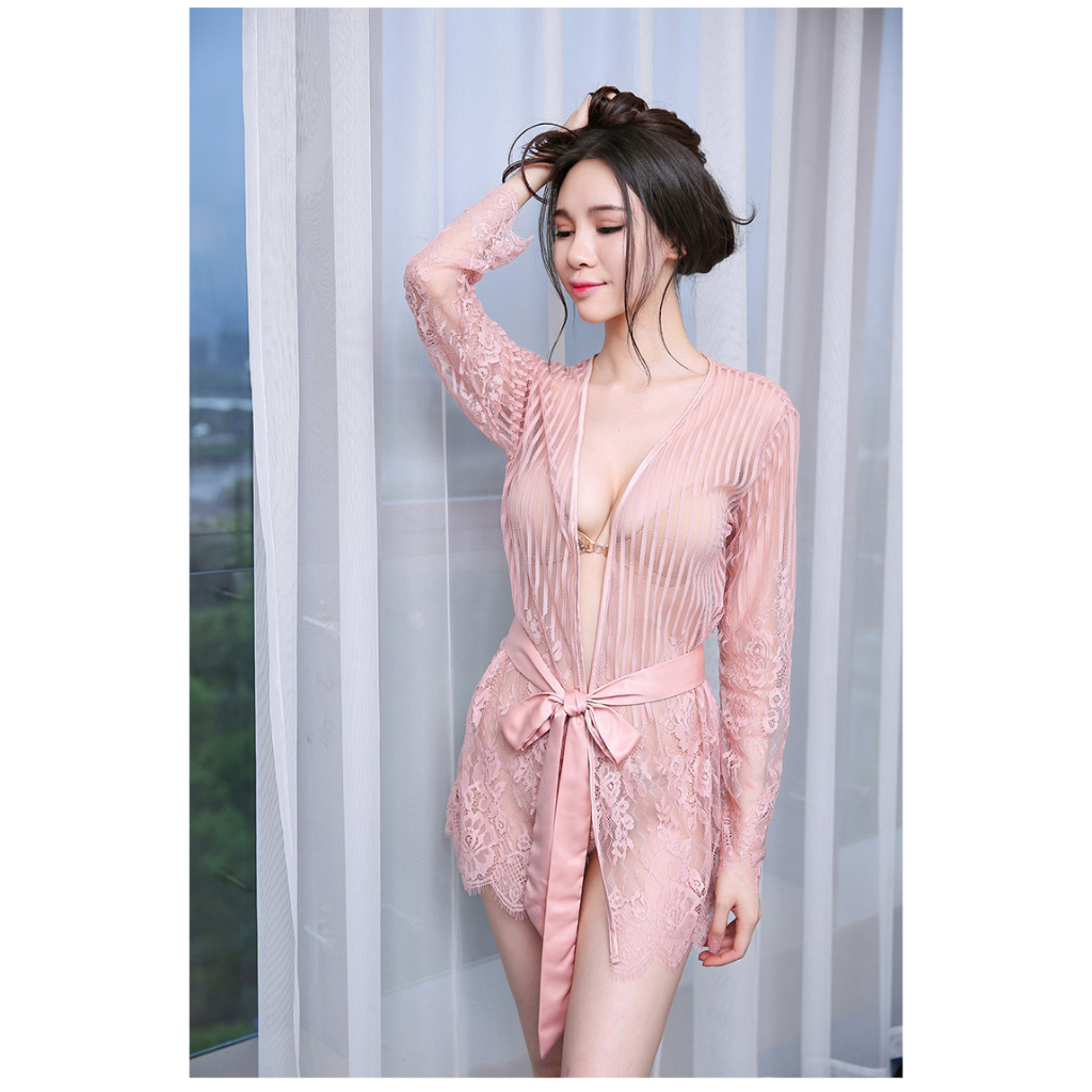 READY STOCK] Sexy Transparent Lace Robes Lingerie Set Sleepwear