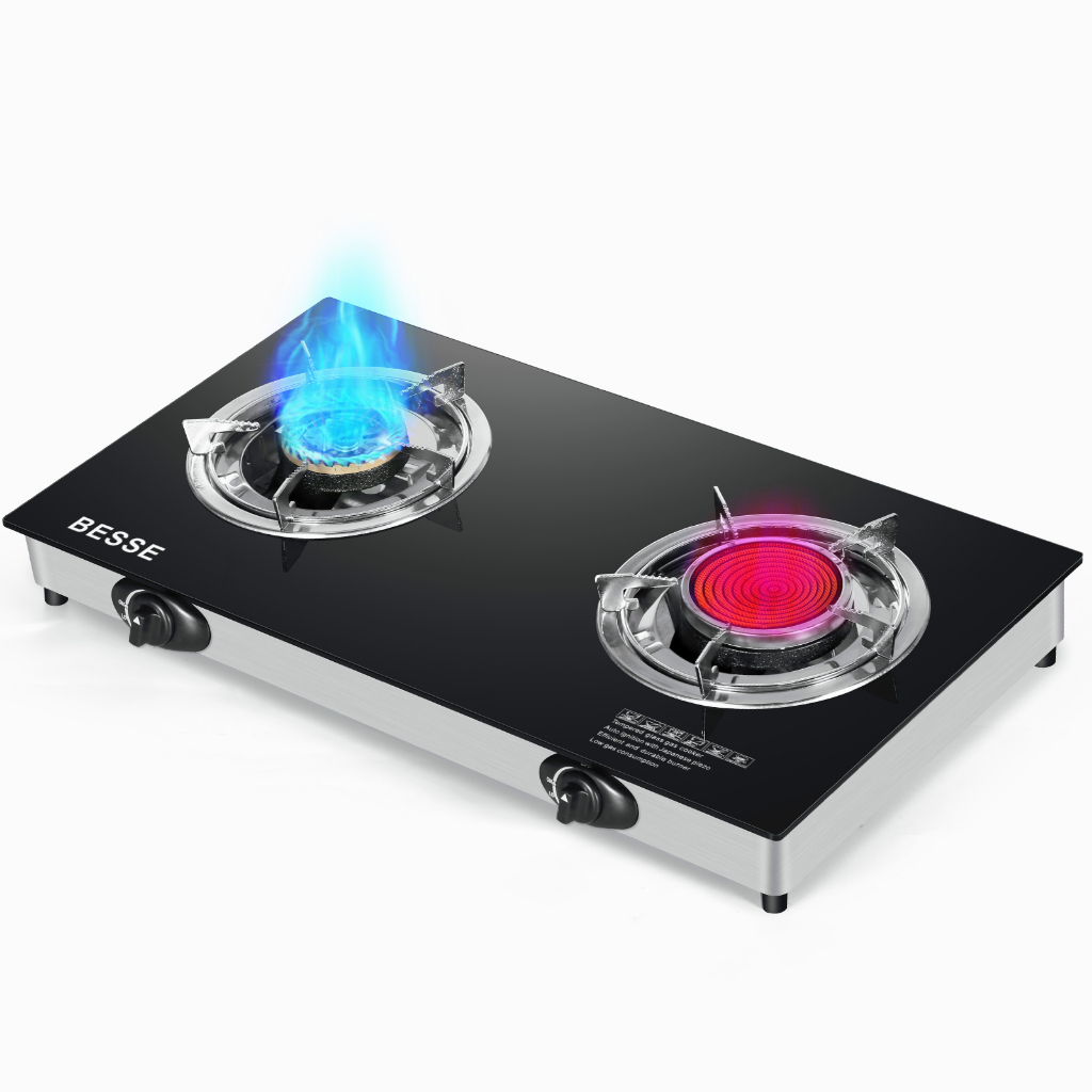 SUKINBO Double Burner Gas Stove Tempered Glass Infrared Gas Stove
