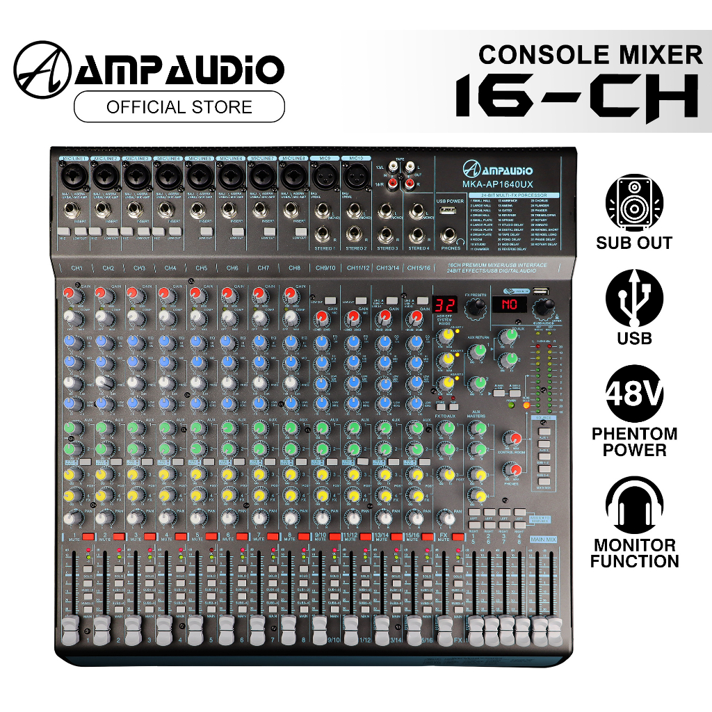 AmpAudio 16 Channel Console Mixer With DSP Monitor Phantom Power
