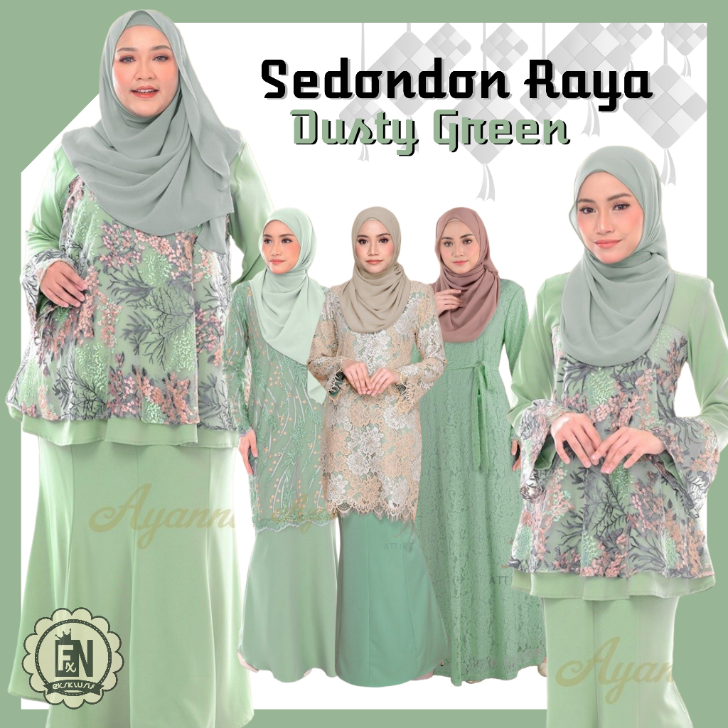 Baju Raya 2024 Dusty Green Combo Perempuan Sedondon Family Ayanna