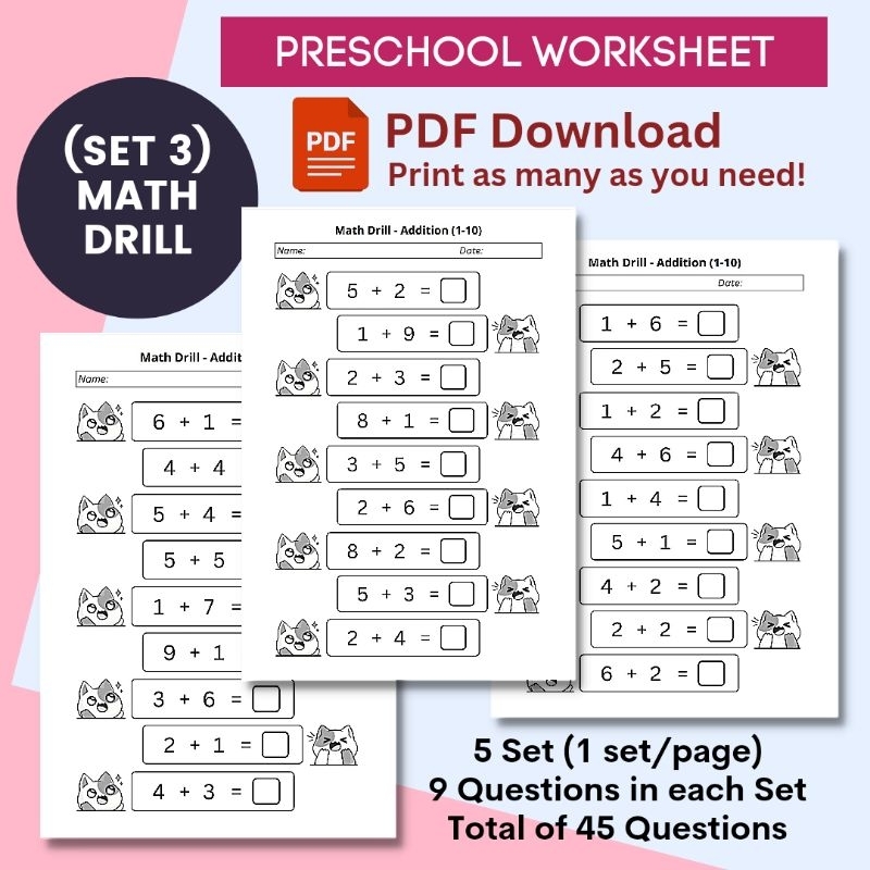 [PDF] Set 3 - MATH DRILL Addition Between 1 To 10 Preschool Worksheet ...