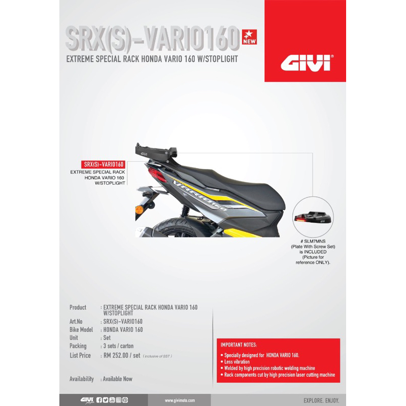 SRX VARIO160 VARIO 160 100% ORIGINAL GIVI SPECIAL ADVANCE RACK MONORACK ...
