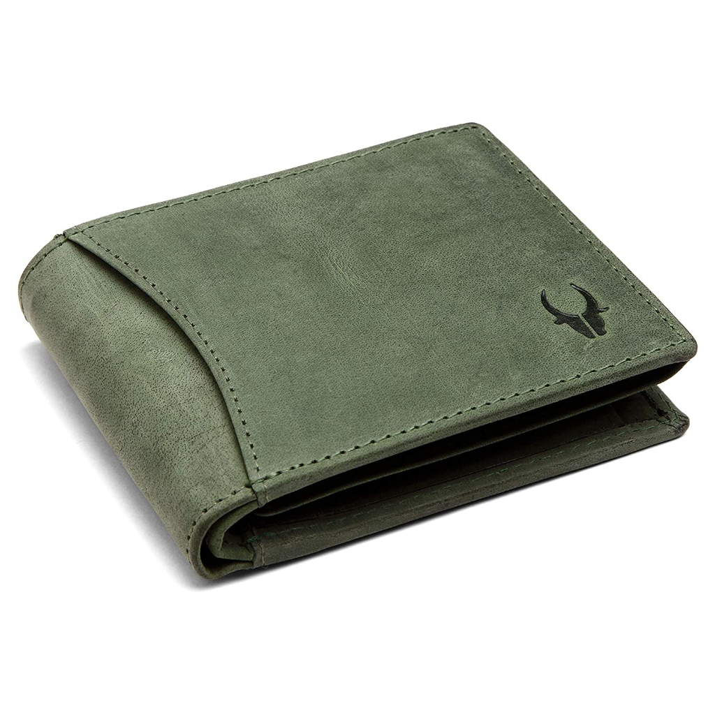 WildHorn Men's Classic Trifold Wallet – Blue Crocodile Print Buffalo Leather Travel Billfold