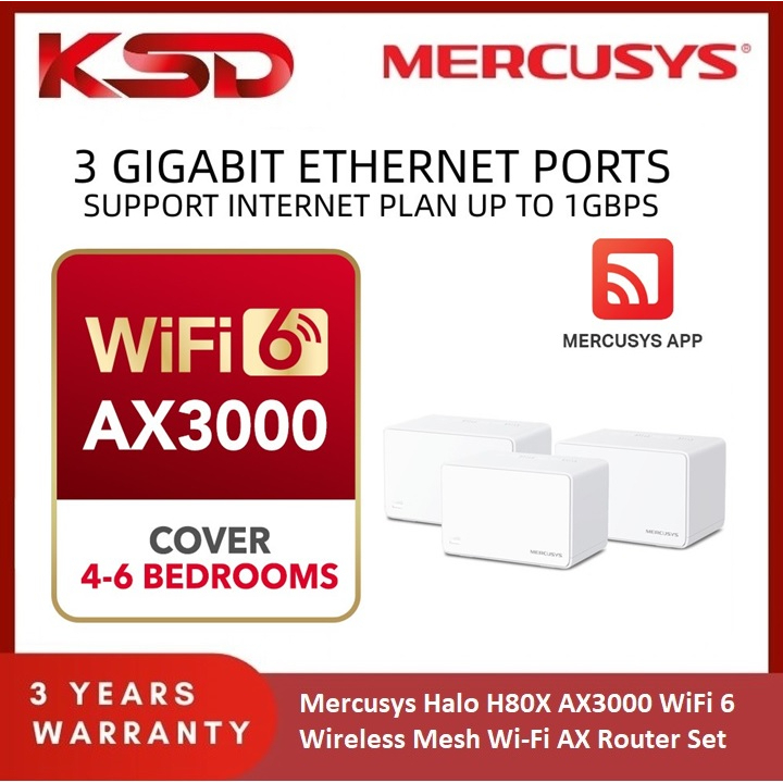 Mercusys Halo H3000X (verpakking van 3 stuks) WLAN-netwerkrouter 6 AX3000, dual-band 2, 4 Ghz/5 GHz, 3 x Gigabit poorten, bereik tot 650 m², MU-MIMO, OFDMA, 1024-QAM
