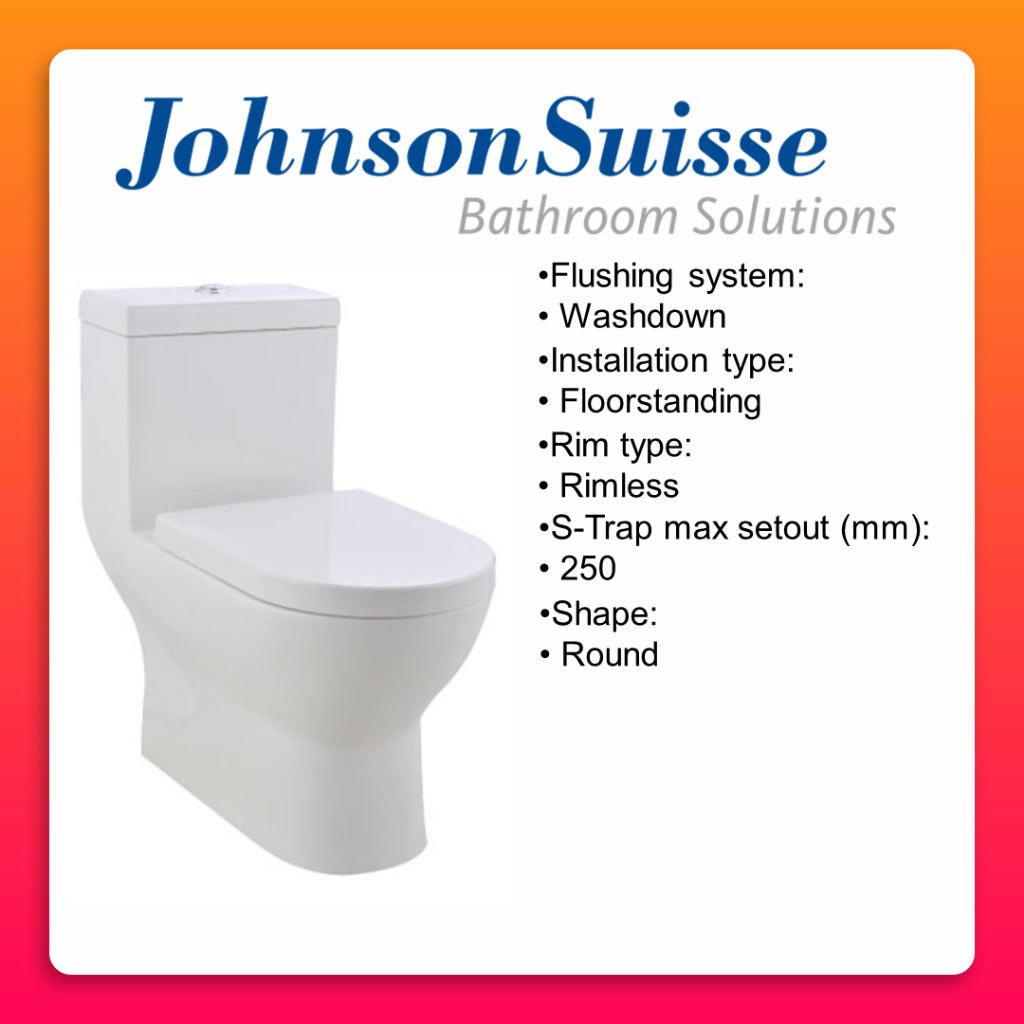 Johnson Suisse Erika One Piece Toilet Bowl Rimless Water Closet Set S