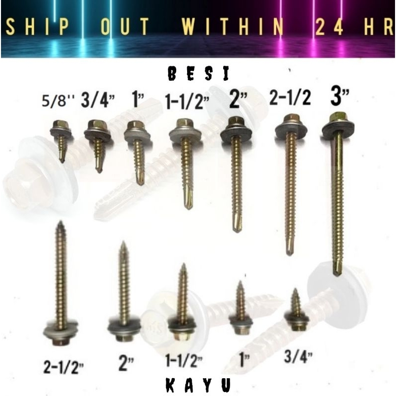 🇲🇾 [ SHIP OUT within 24Hrs ] Hex Self Drilling Screw Atap Skru Bumbung ...