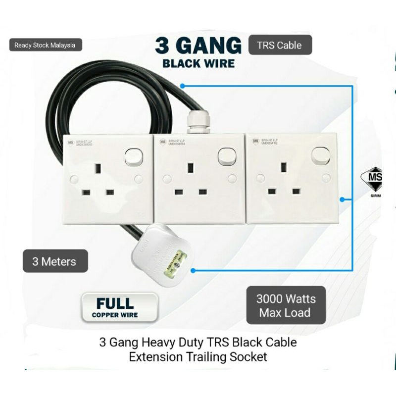Heavy Duty 3 Gang TRS Cable Black 3/5/10 Meters Extension Trailing ...
