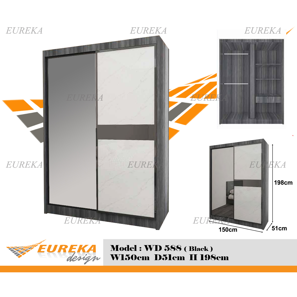 EUREKA 5ft Wardrobe Sliding 2 Door Mirror Wood / Almari Baju WD588