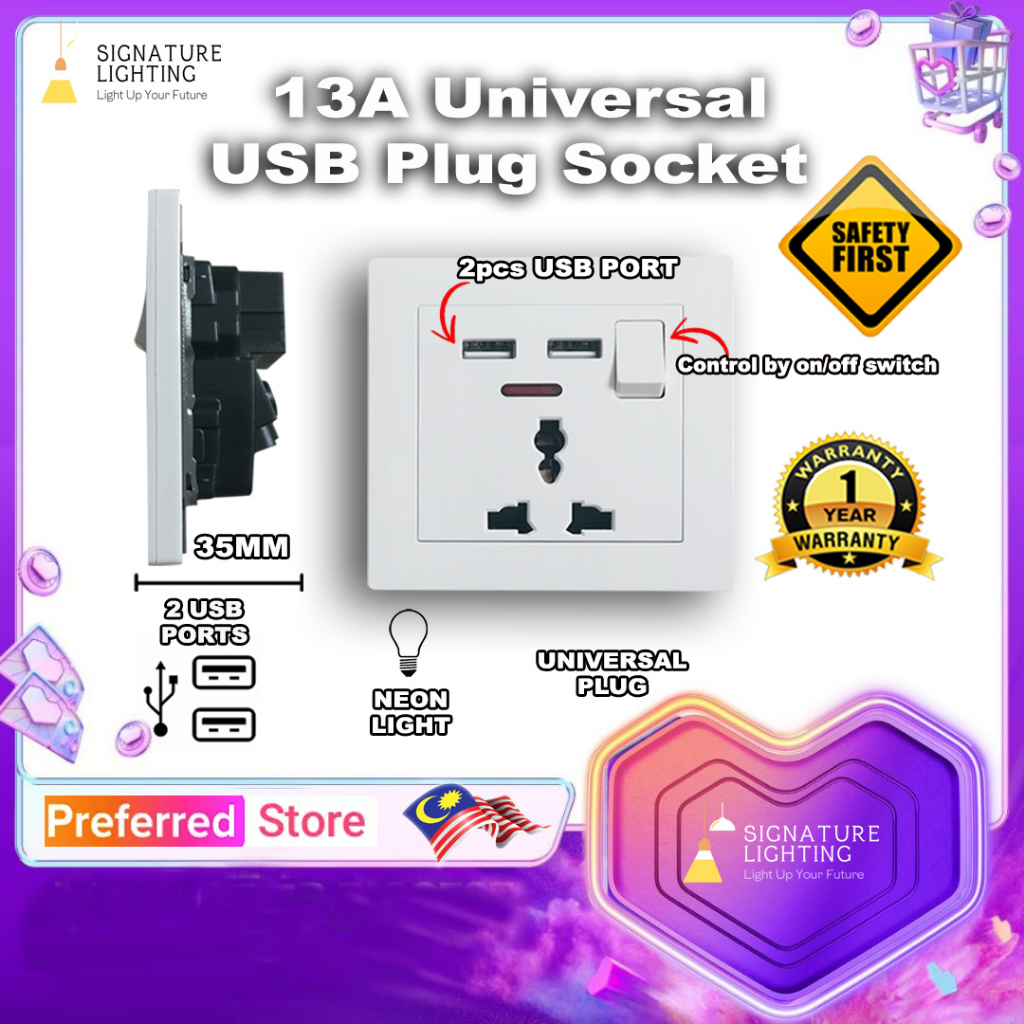 13A Universal Wall Plug Socket With Usb Charges Plug Socket / Usb