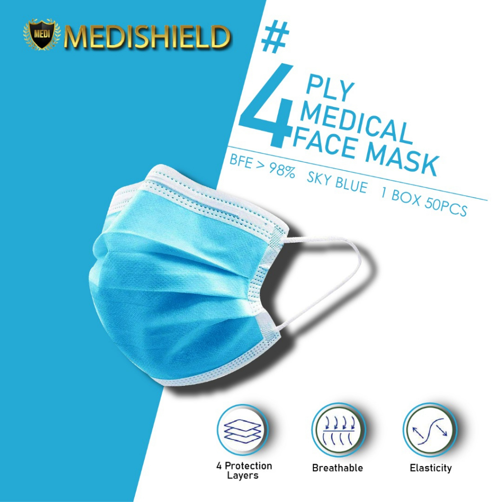 50pcs Medishield Face Mask 3ply 4ply Premium Viral Mask Disposable