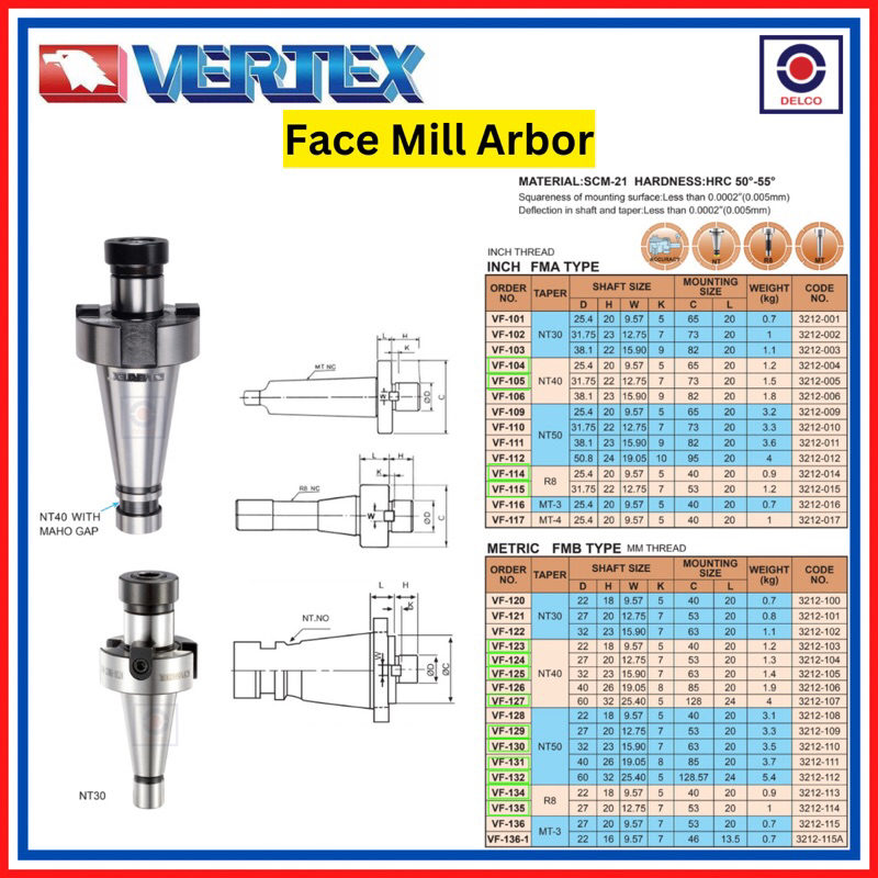 VERTEX TAIWAN FACE MILL ARBOR NT40 NT50 R8 shank Milling machine