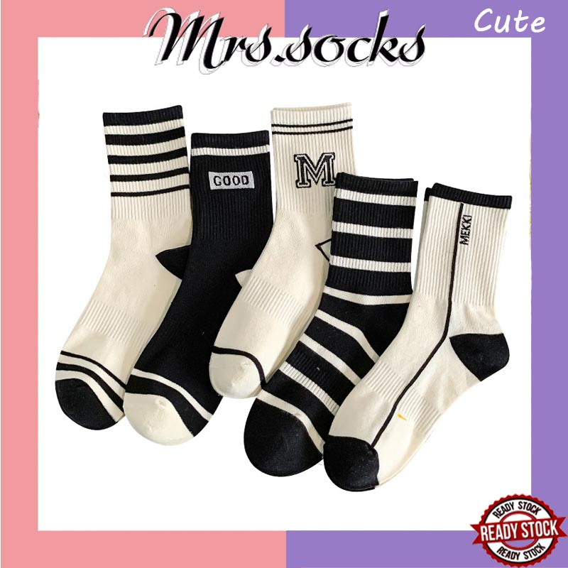 Mrs.socks Striped Line Tide Socks Crew Socks Women Stokin Pendek ...