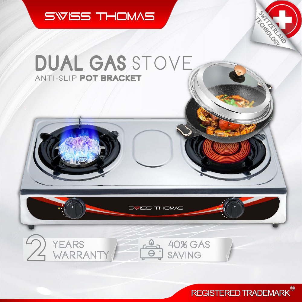 SwissThomas Dual Gas Stove Stainless Steel Infrared Burner 8 Jet Head