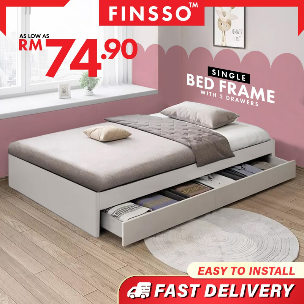 FINSSO Classic Wooden Single Bed frame with drawers / Pull Out Bed / katil kayu / Bedframe