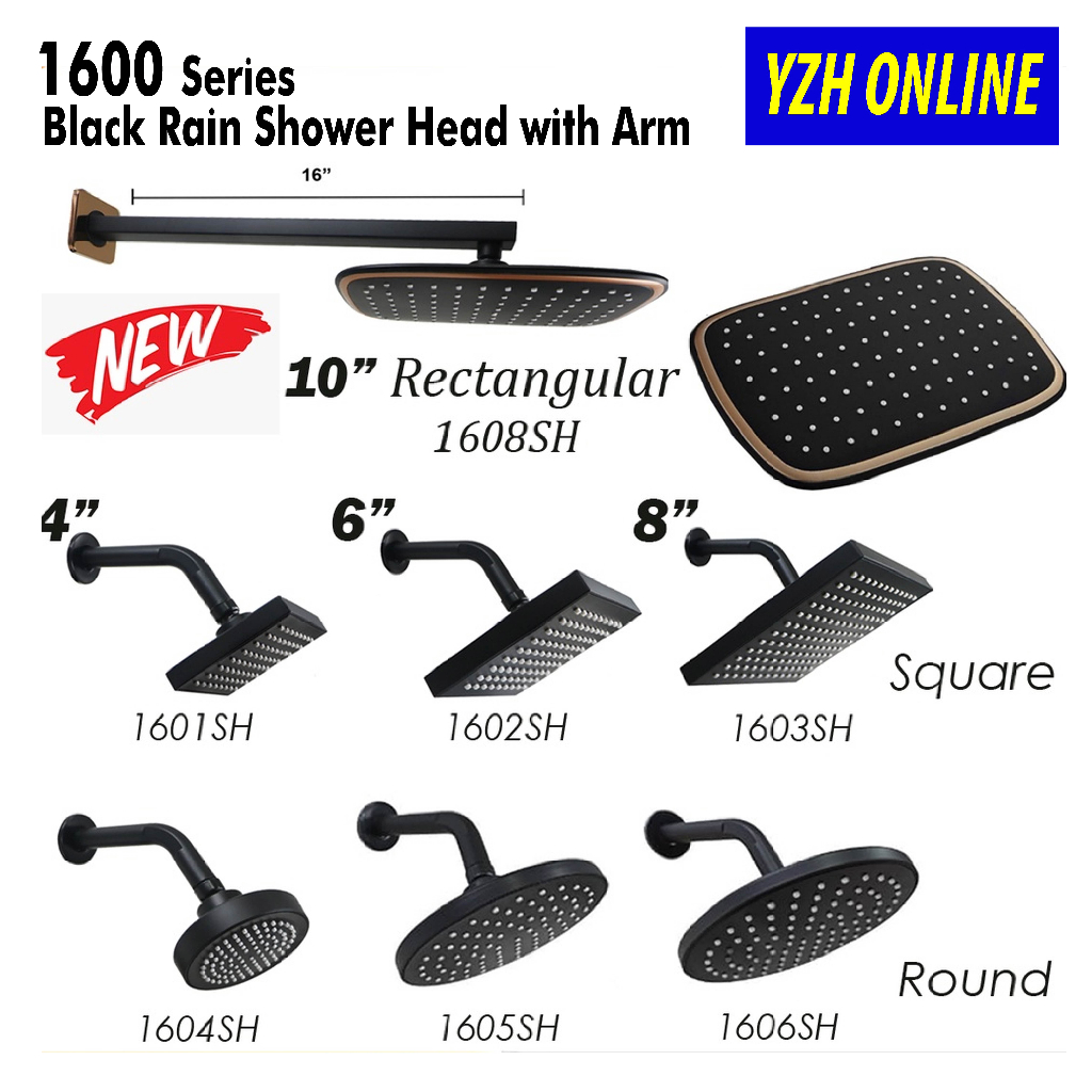 Black Bathroom Shower Head With Arm 1600 Series Hitam Tandas Akssesori